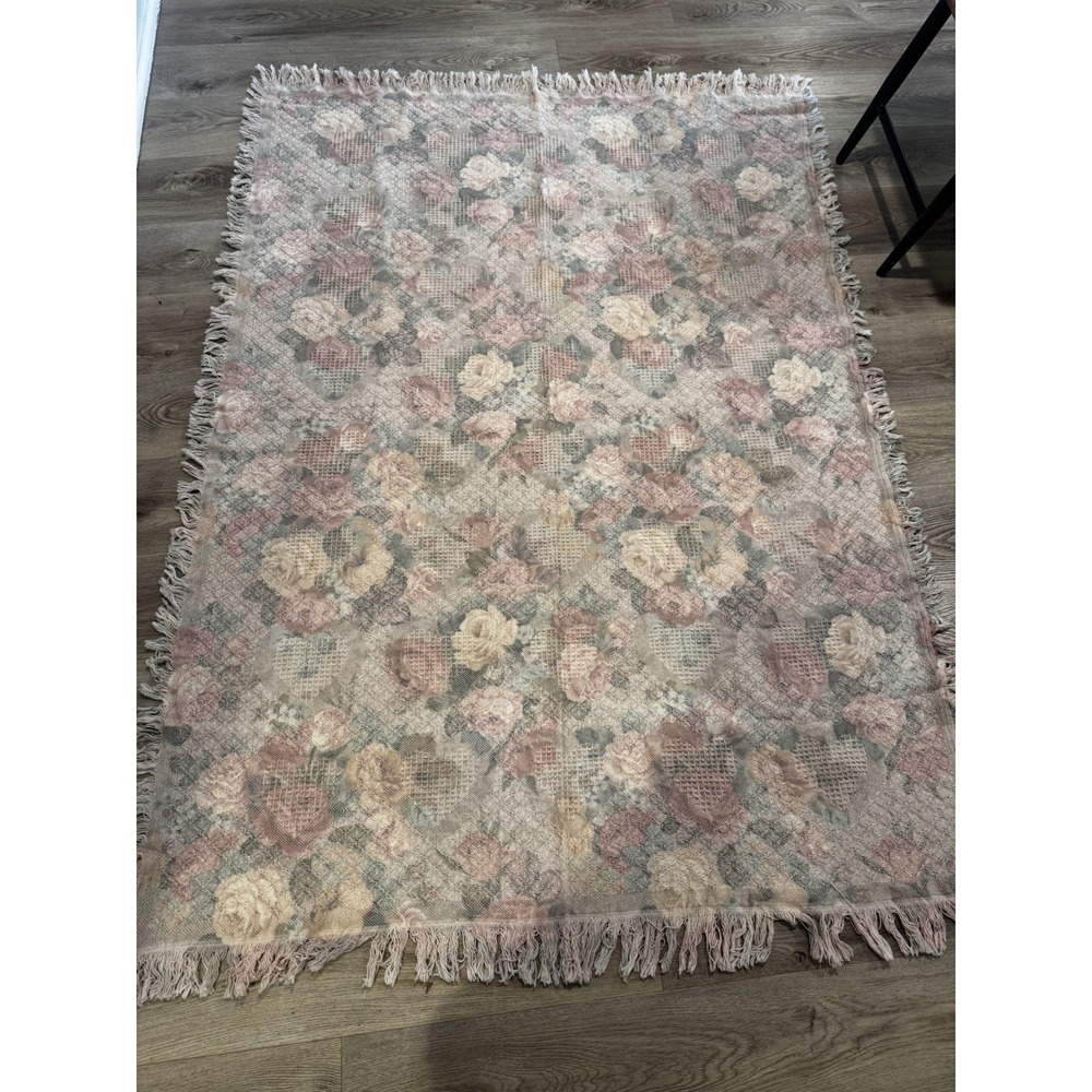 Vintage Simply Country Woven Floral Hearts Pastel Throw Blanket Fringe NWT 1992